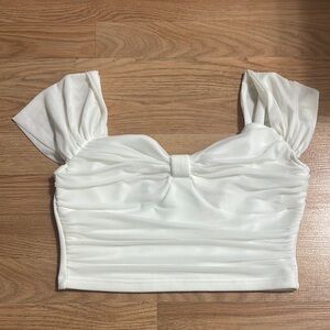 Shein White Ruched Bow‎ Crop Top Flutter Sleeve Sweetheart Neckline